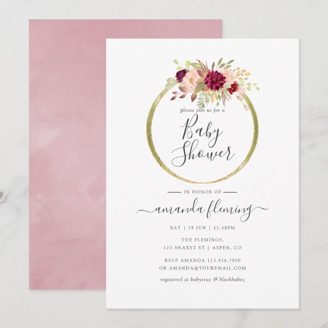Invitation Baby shower géométrique de Boho bordeaux et bleu (Devant / Derrière)