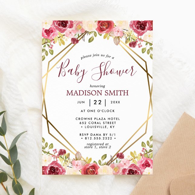 Invitation Baby shower géométrique Floral d'or de Bourgogne (Créateur téléchargé)