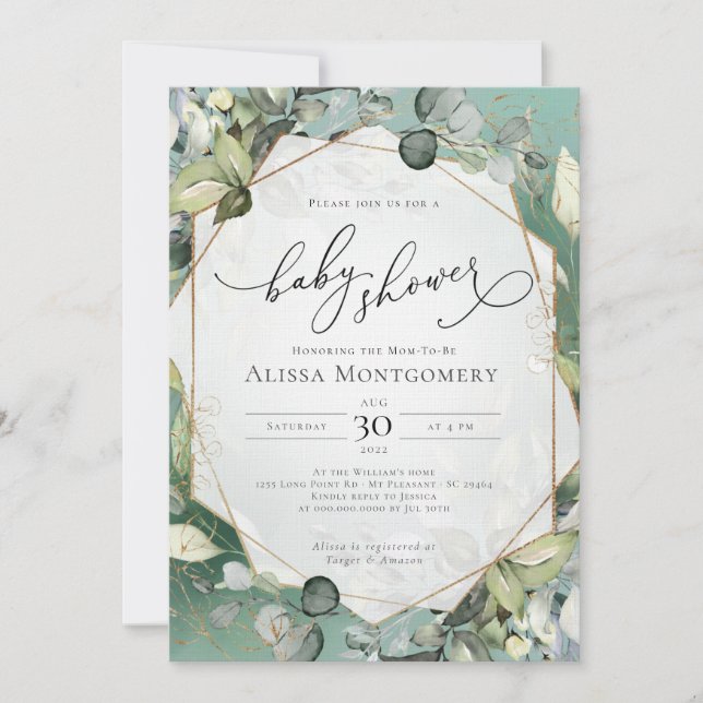 Invitation Baby shower géométrique Gold Green (Devant)