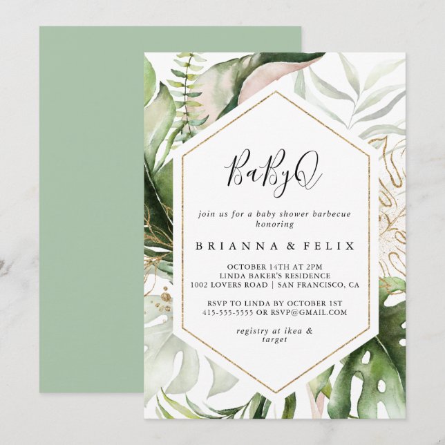 Invitation Baby shower Géométrique Gold Tropical BabyQ Barbec (Devant / Derrière)