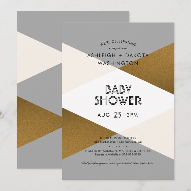 Invitation Baby shower géométrique moderne gris et or (Devant / Derrière)