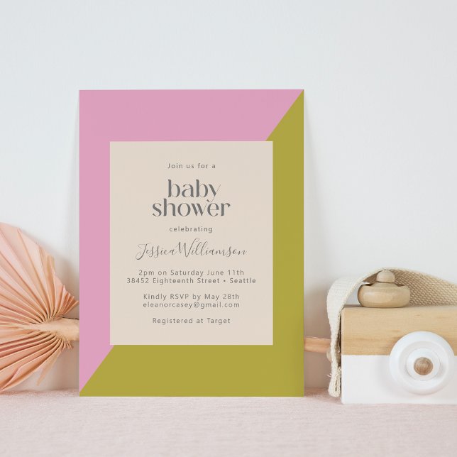Invitation Baby shower géométrique moderne rose et vert (Créateur téléchargé)