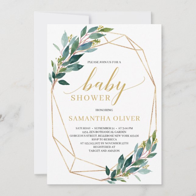 Invitation Baby shower géométrique moderne vert eucalyptus or (Devant)