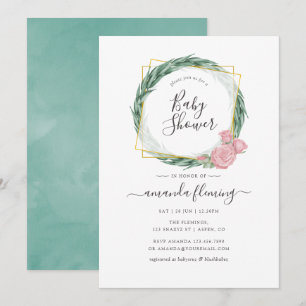 Invitation Baby shower géométrique Rose Eucalyptus aquarelle