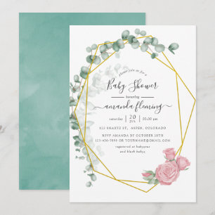 Invitation Baby shower géométrique Rose Eucalyptus aquarelle