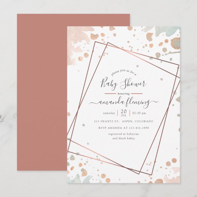 Invitation Baby shower géométrique rose Gold & Blush Paint Ro (Devant / Derrière)