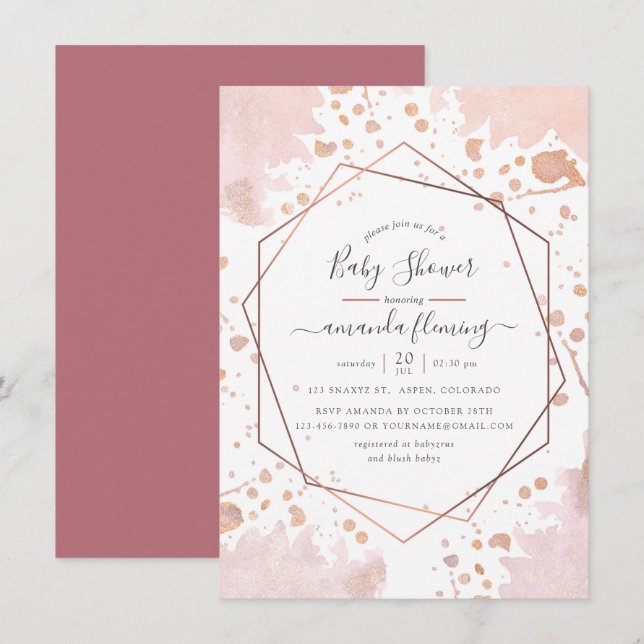 Invitation Baby shower géométrique rose Gold et Blush (Devant / Derrière)