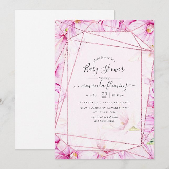 Invitation Baby shower géométrique rose Gold et rose Magnolia (Devant / Derrière)