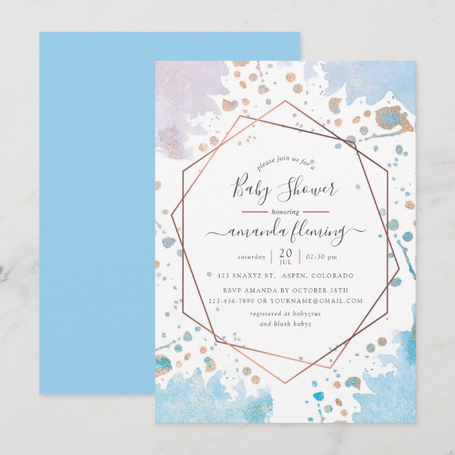 Invitation Baby shower géométrique rose or et bleu (Devant / Derrière)