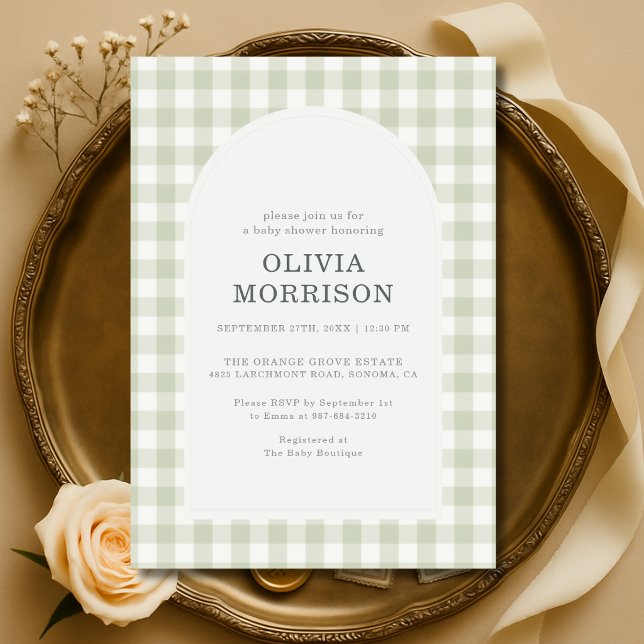 Invitation Baby Shower Gingham Vert Sauge Mixte (Créateur téléchargé)