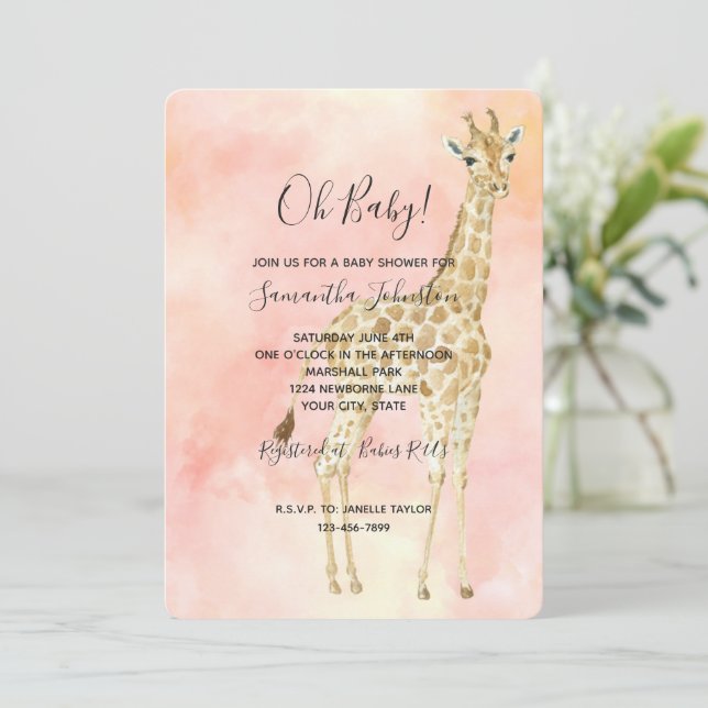 Invitation Baby Shower Girafe Rose Pêche (Debout devant)