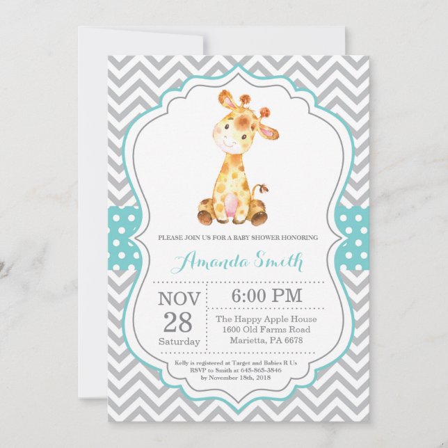 Invitation Baby shower Giraffe Aqua et Grey (Devant)