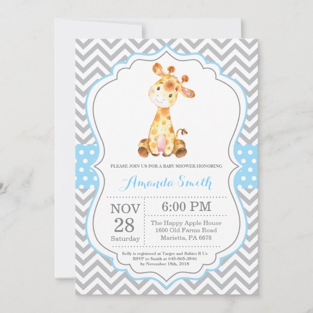 Invitation Baby shower Giraffe bleu et gris (Devant)