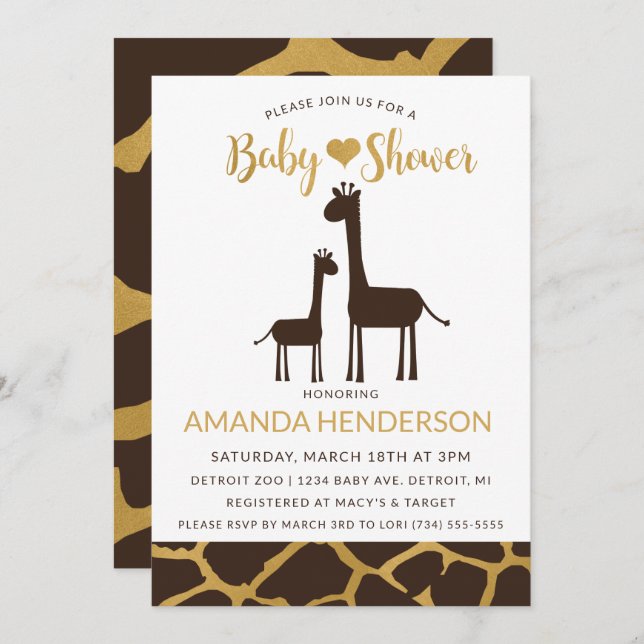 Invitation Baby shower Giraffe Brown & or (Devant / Derrière)