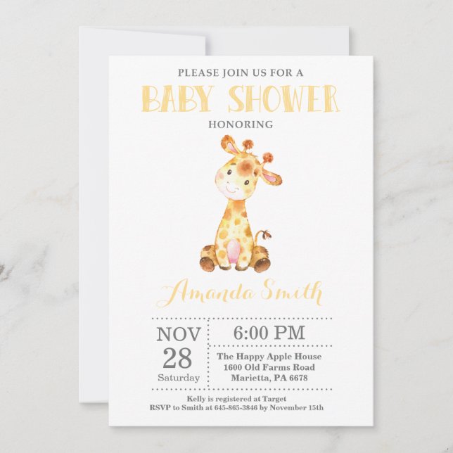 Invitation Baby shower Giraffe Jaune et Grey (Devant)