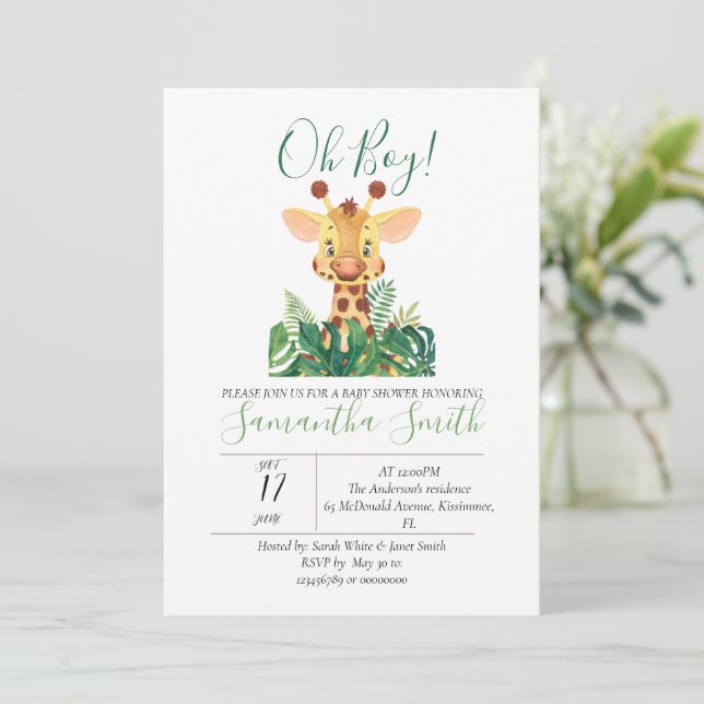 Invitation Baby shower Giraffe Jungle Aquarelle (Debout devant)