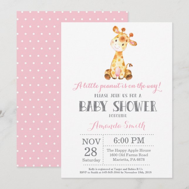 Invitation Baby shower Giraffe rose et gris (Devant / Derrière)