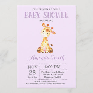 Invitation Baby shower Giraffe violet et gris