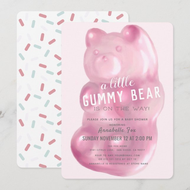 Invitation Baby shower GIrl de l'ours de gomme rose (Devant / Derrière)
