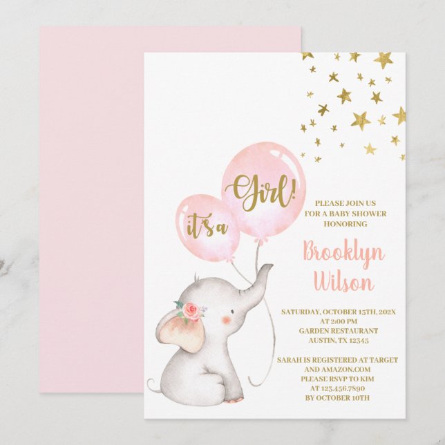 Invitation baby shower Girl Elephant (Devant / Derrière)