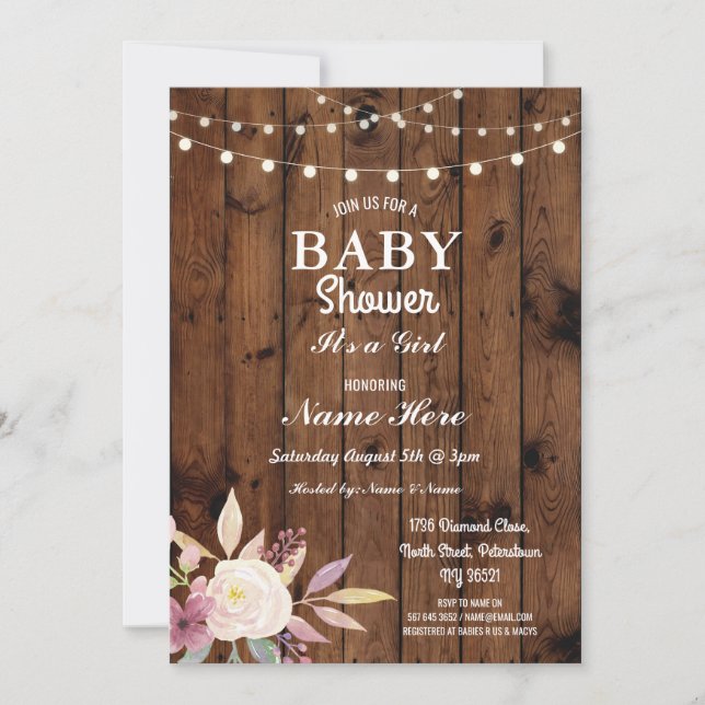 Invitation Baby shower Girl Floral Wood Lights Rustic Invitat (Devant)