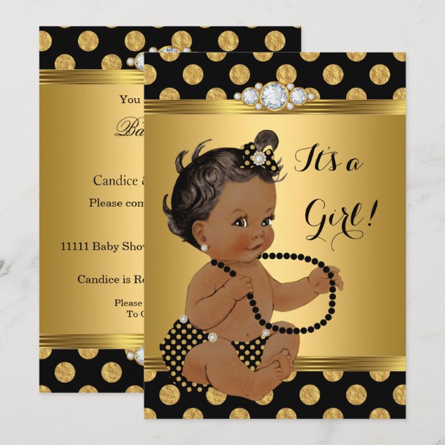 Invitation Baby shower Girl Gold Foil Black Pearls Ethnique (Devant / Derrière)