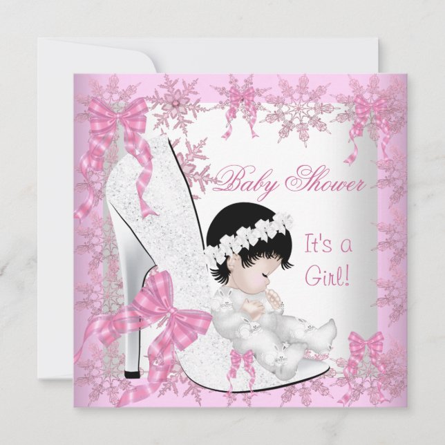 Invitation Baby shower Girl Jolie rose Snowflakes Chaussure (Devant)