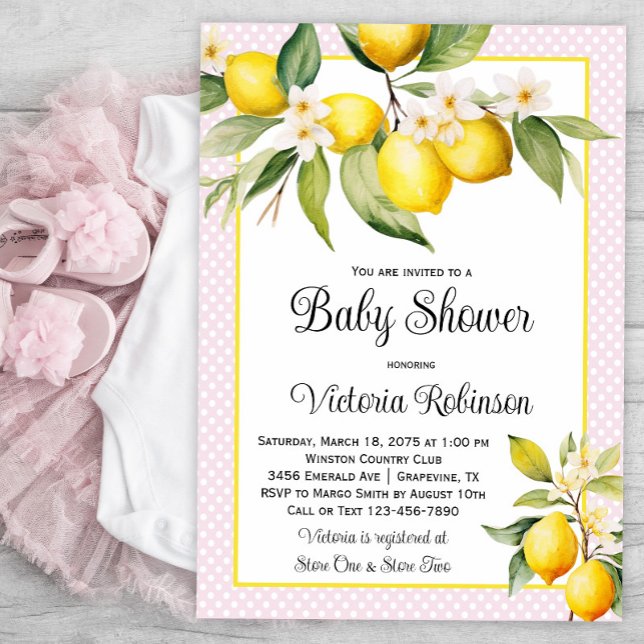 Invitation Baby shower Girl Lemon (Girl lemon baby shower invitations with pretty lemons on a baby pink dot background.)