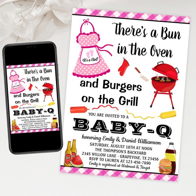 Invitation Baby shower Girl Pink Barbecue (Girl BABY-Q baby shower invitation. Bun in the oven baby shower invitation. Print or Download.)