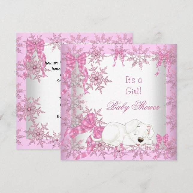Invitation Baby shower Girl Pretty Rose Snowflakes Puppy 2 (Devant / Derrière)