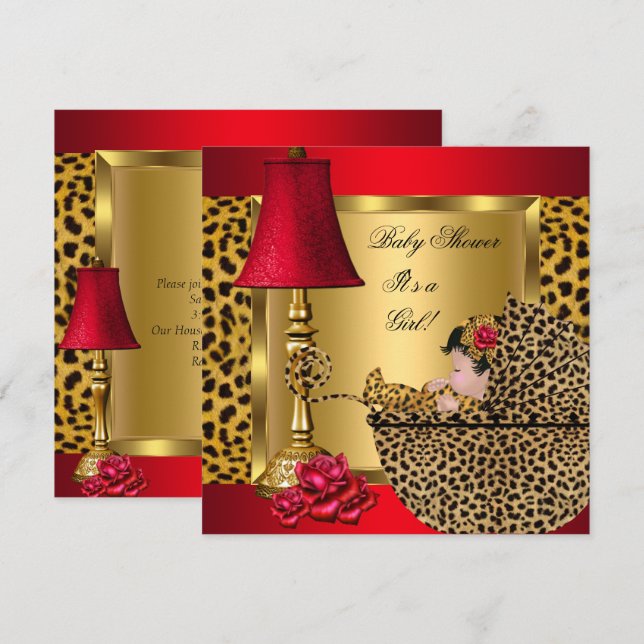 Invitation Baby shower Girl Red Gold Roses Leopard Pram (Devant / Derrière)