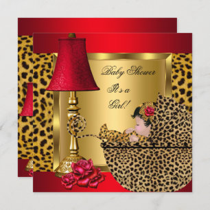 Invitation Baby shower Girl Red Gold Roses Leopard Pram
