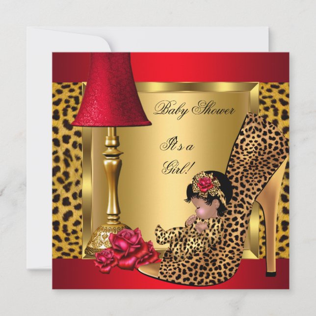 Invitation Baby shower Girl Red Gold Roses Leopard Shoe AA (Devant)