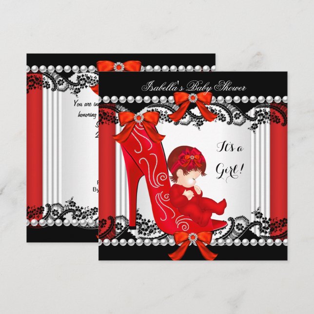 Invitation Baby shower Girl Rouge talon haut Chaussure rousse (Devant / Derrière)