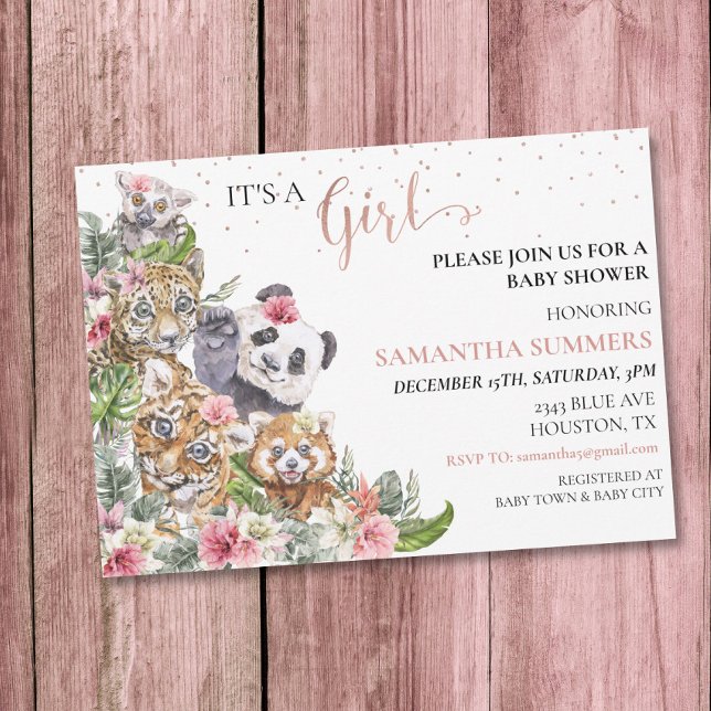 Invitation Baby shower Girl Tropical mignon Jungle Animaux (Créateur téléchargé)