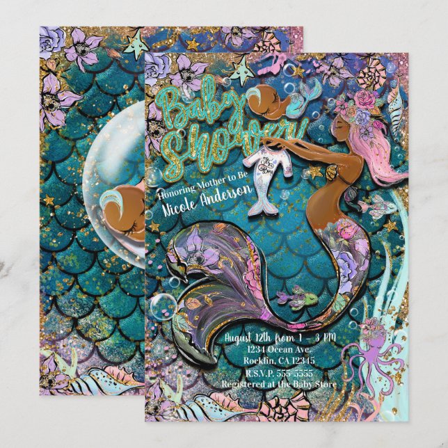 Invitation Baby shower Glam Dark Mermaid Gold Parties scintil (Devant / Derrière)