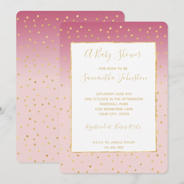 Invitation Baby shower Glitzy Gold Confetti Pink Ombre (Devant / Derrière)