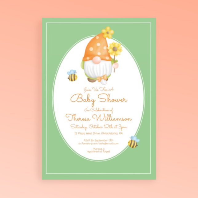 Invitation Baby Shower | Gnome à points abeille (Créateur téléchargé)