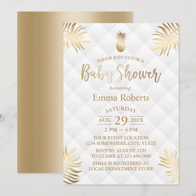 Invitation Baby shower Gold Ananas Élégant Tropical (Devant / Derrière)