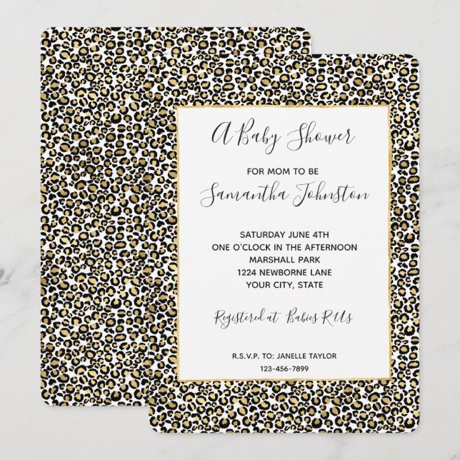 Invitation Baby shower Gold Black Empreinte de léopard (Devant / Derrière)