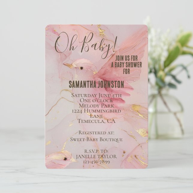 Invitation Baby shower Gold Blush Pink Birds (Debout devant)