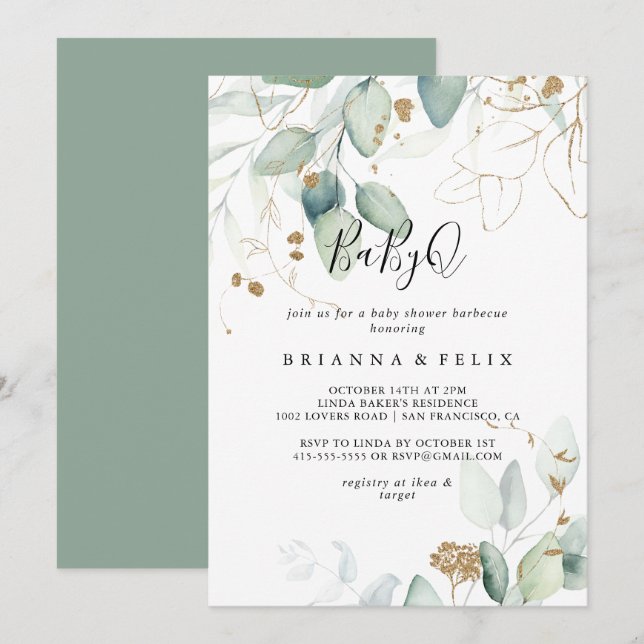 Invitation Baby shower Gold Eucalyptus BabyQ (Devant / Derrière)