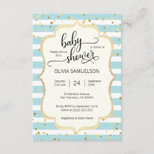 Invitation Baby shower Gold GARY Stripes Blancs Cute