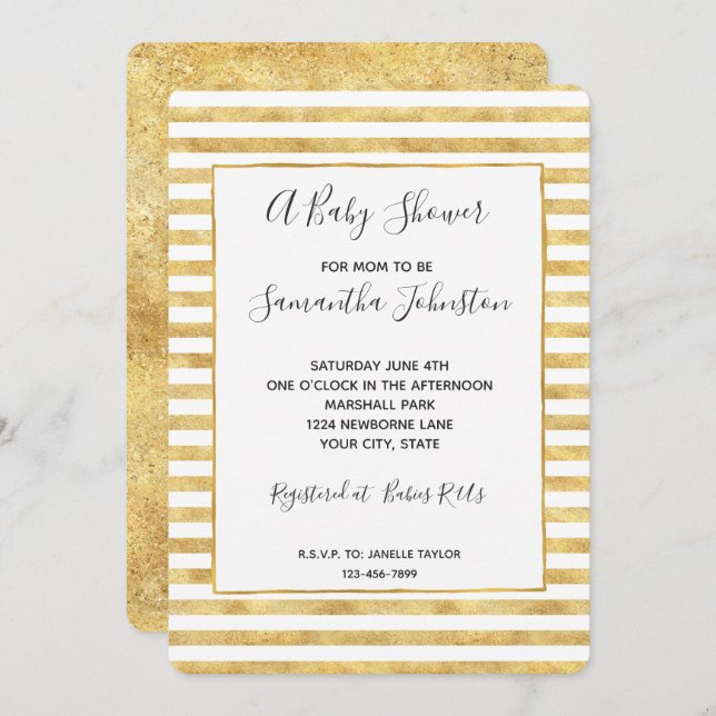 Invitation Baby shower Gold Glitzy Stripes (Devant / Derrière)