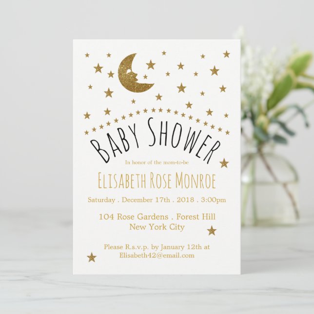 Invitation Baby shower Gold Moon et Stars (Debout devant)