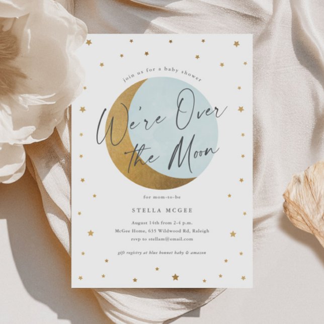 Invitation Baby shower Gold Over the Moon Script Boys (Gold Over the Moon Script Boys Baby Shower Invitations.)