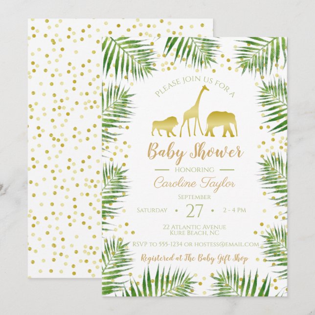 Invitation Baby shower Gold Safari Animaux (Devant / Derrière)
