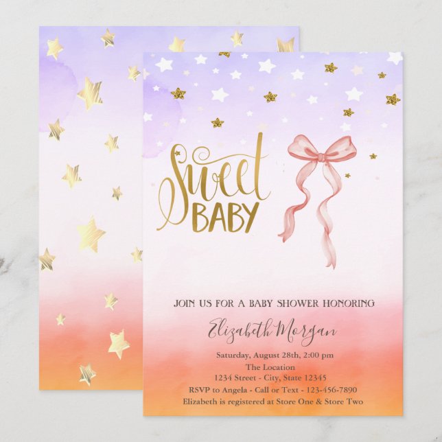 Invitation Baby shower Gold Star Bow rose (Devant / Derrière)