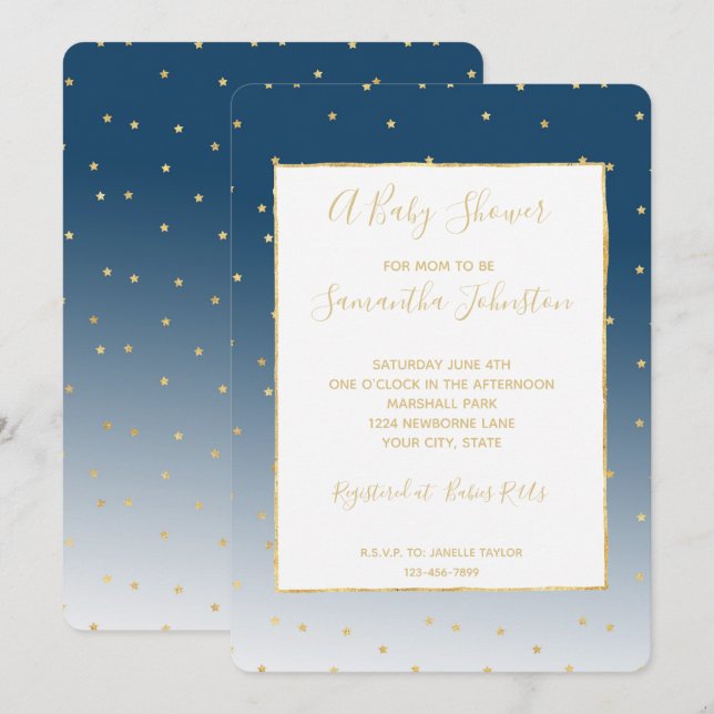 Invitation Baby shower Gold Stars Sky Shine Bright Ombre (Devant / Derrière)