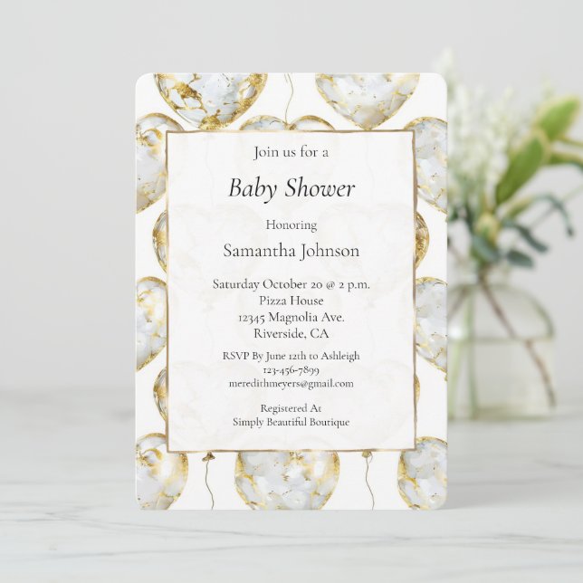 Invitation Baby shower Gold White Heart Balloons (Debout devant)